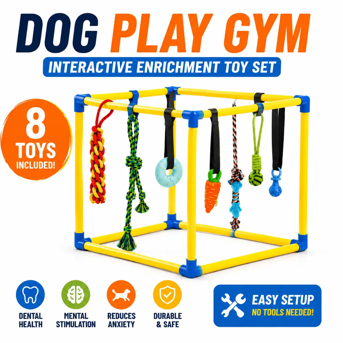 Puppy Play Gym with 8 Random Hanging Toys, Interactive Dog Enrichment Activity Center for Small Dogs, Indoor PVC Frame with Rope, Squeaky, Teething and Chew Toys, Adjustable Height, Toy Poodle, Easy Removable Toys