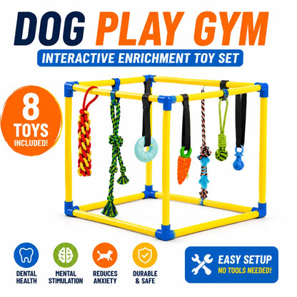 Puppy Play Gym with 8 Random Hanging Toys, Interactive Dog Enrichment Activity Center for Small Dogs, Indoor PVC Frame with Rope, Squeaky, Teething and Chew Toys, Adjustable Height, Toy Poodle, Easy Removable Toys