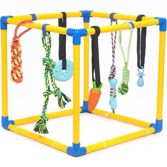 Puppy Play Gym with 8 Random Hanging Toys, Interactive Dog Enrichment Activity Center for Small Dogs, Indoor PVC Frame with Rope, Squeaky, Teething and Chew Toys, Adjustable Height, Toy Poodle, Easy Removable Toys