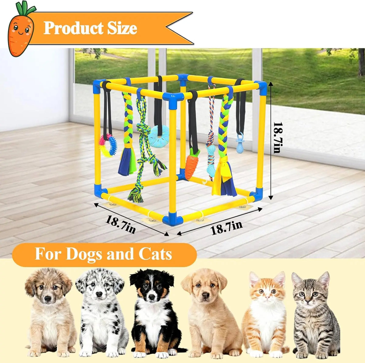 Puppy Play Gym with 8 Random Hanging Toys, Interactive Dog Enrichment Activity Center for Small Dogs, Indoor PVC Frame with Rope, Squeaky, Teething and Chew Toys, Adjustable Height, Toy Poodle, Easy Removable Toys