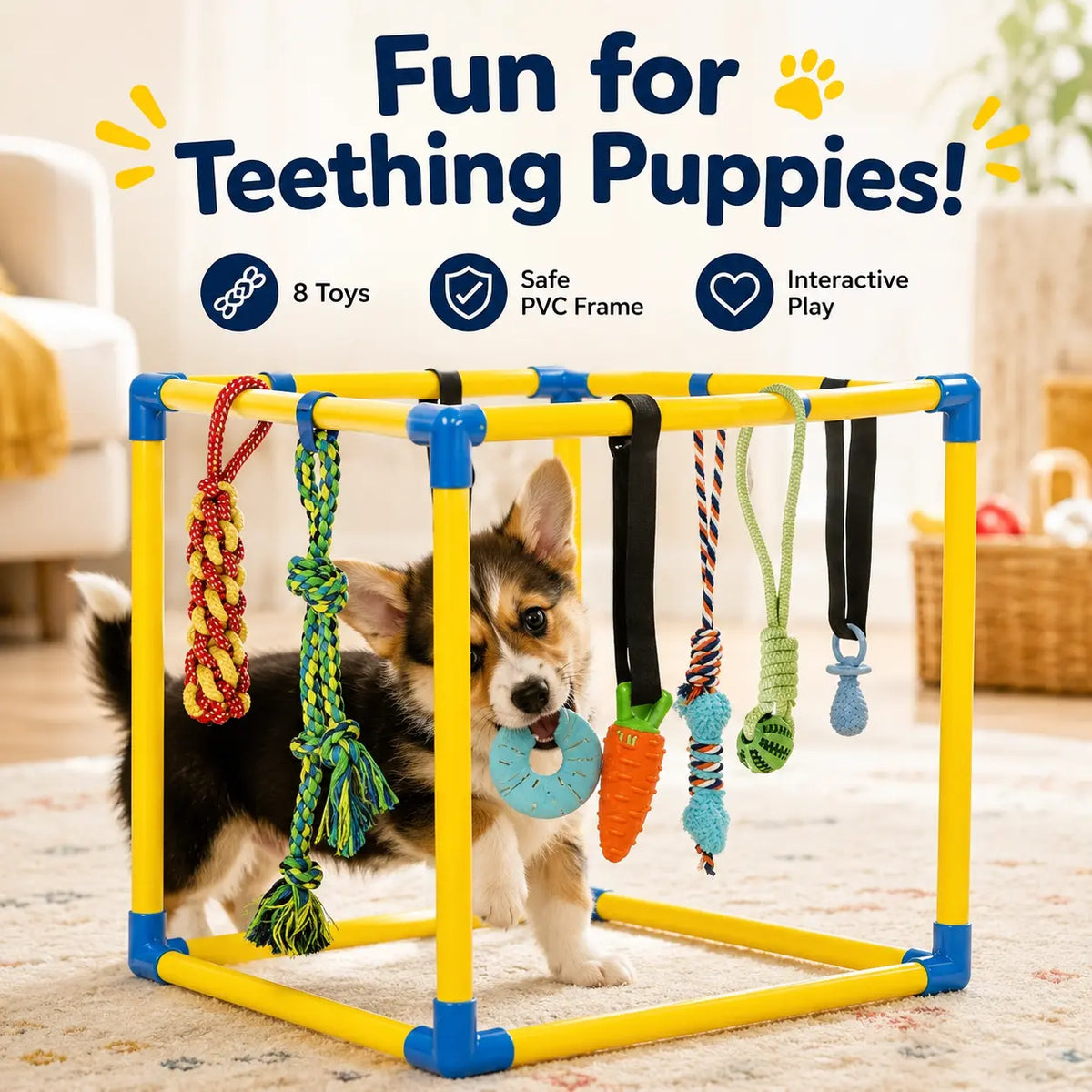 Puppy Play Gym with 8 Random Hanging Toys, Interactive Dog Enrichment Activity Center for Small Dogs, Indoor PVC Frame with Rope, Squeaky, Teething and Chew Toys, Adjustable Height, Toy Poodle, Easy Removable Toys