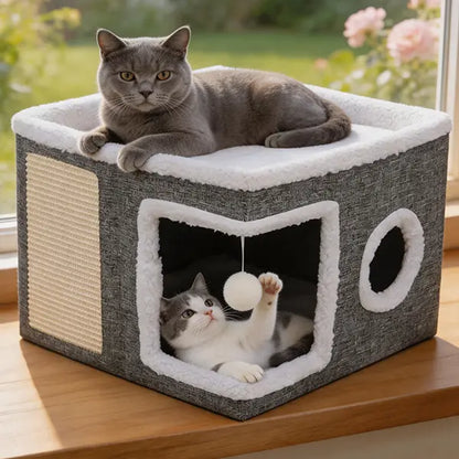 Large Cat Bed for Indoor Cats, Soft Foldable Cat Cave Hideaway for Kittens & Adult Cats with Sisal Scratch Pad & Hanging Fluffy Ball, 16.5"X16.5"X14", Grey