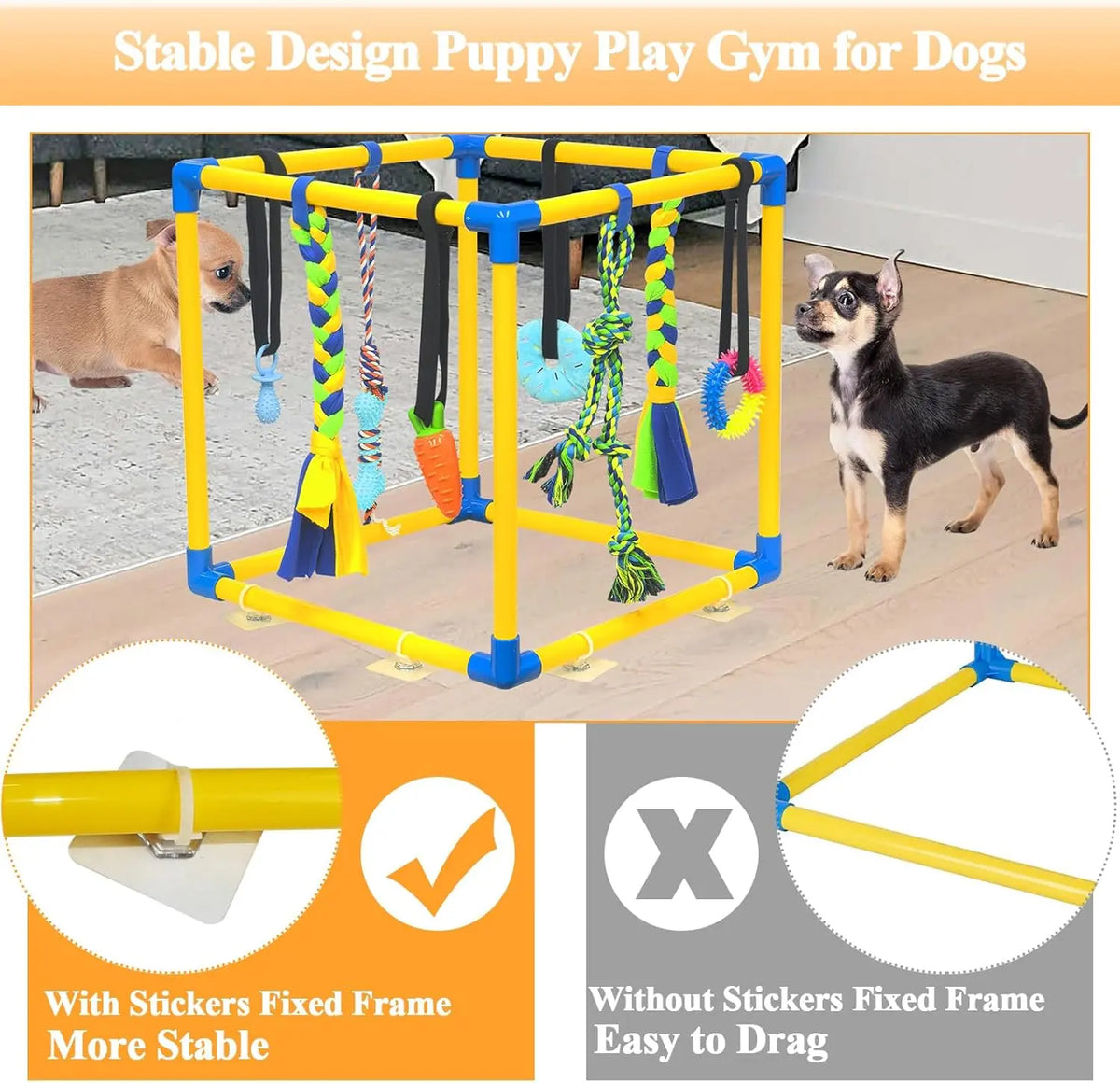 Puppy Play Gym with 8 Random Hanging Toys, Interactive Dog Enrichment Activity Center for Small Dogs, Indoor PVC Frame with Rope, Squeaky, Teething and Chew Toys, Adjustable Height, Toy Poodle, Easy Removable Toys