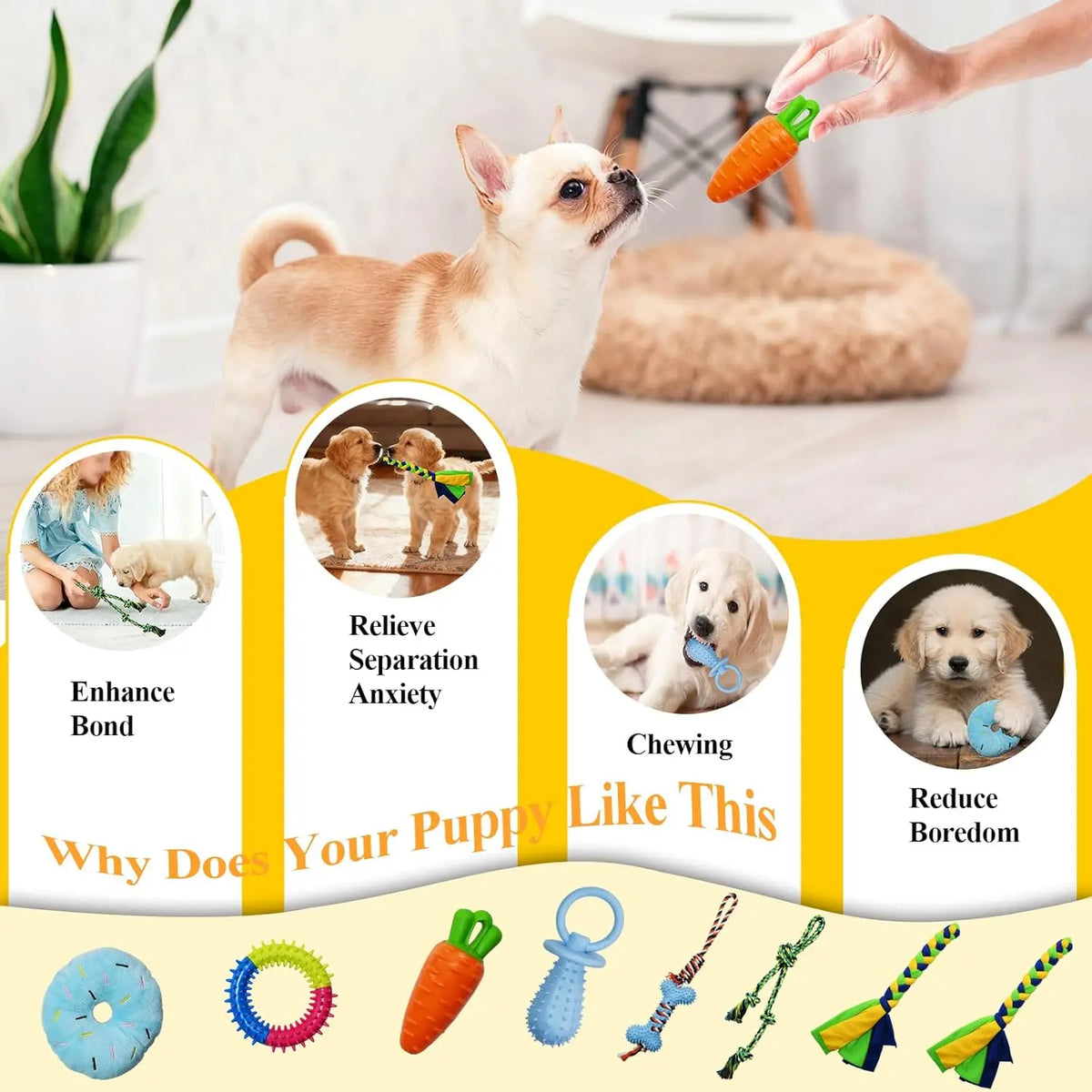 Puppy Play Gym with 8 Random Hanging Toys, Interactive Dog Enrichment Activity Center for Small Dogs, Indoor PVC Frame with Rope, Squeaky, Teething and Chew Toys, Adjustable Height, Toy Poodle, Easy Removable Toys
