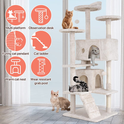 54-In Double Condo Cat Tree Tower Playhouse with Scratching Post & Perch for Indoor, Beige